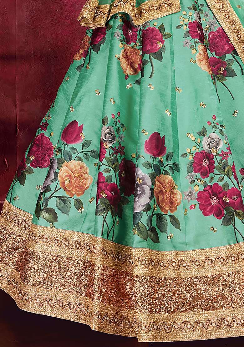 Green Floral Print Banglori Silk Lehenga Set - Indya