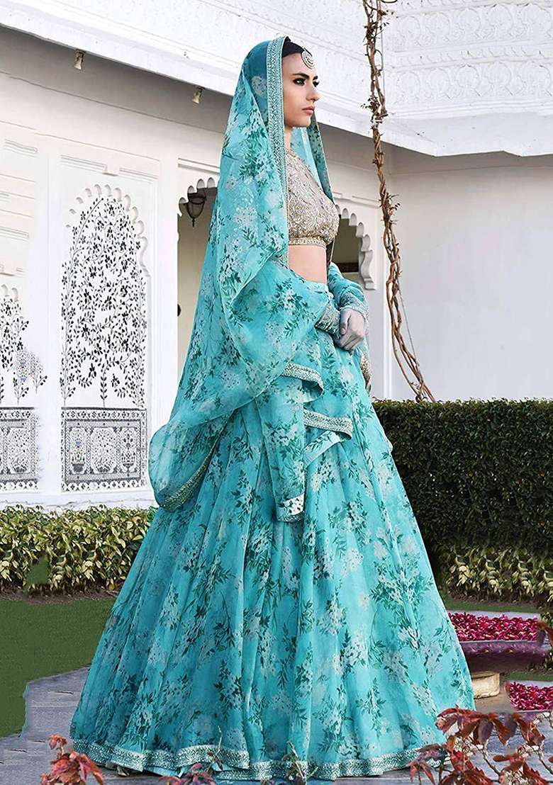 Sky Blue Floral Print Organza Lehenga Set - Indya