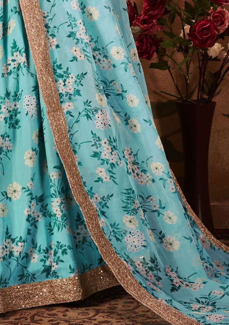 Sky Blue Floral Print Organza Lehenga Set - Indya