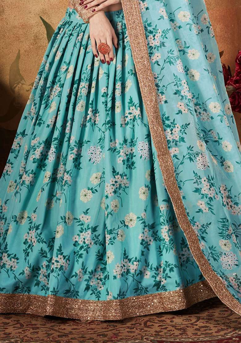 Sky Blue Floral Print Organza Lehenga Set - Indya