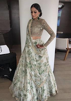 White Floral Print Organza Lehenga Set