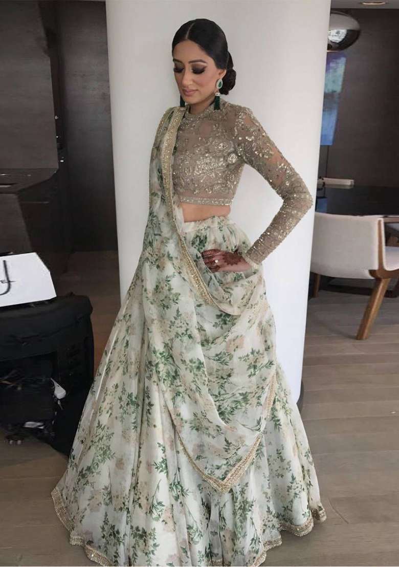 White Floral Print Organza Lehenga Set - Indya