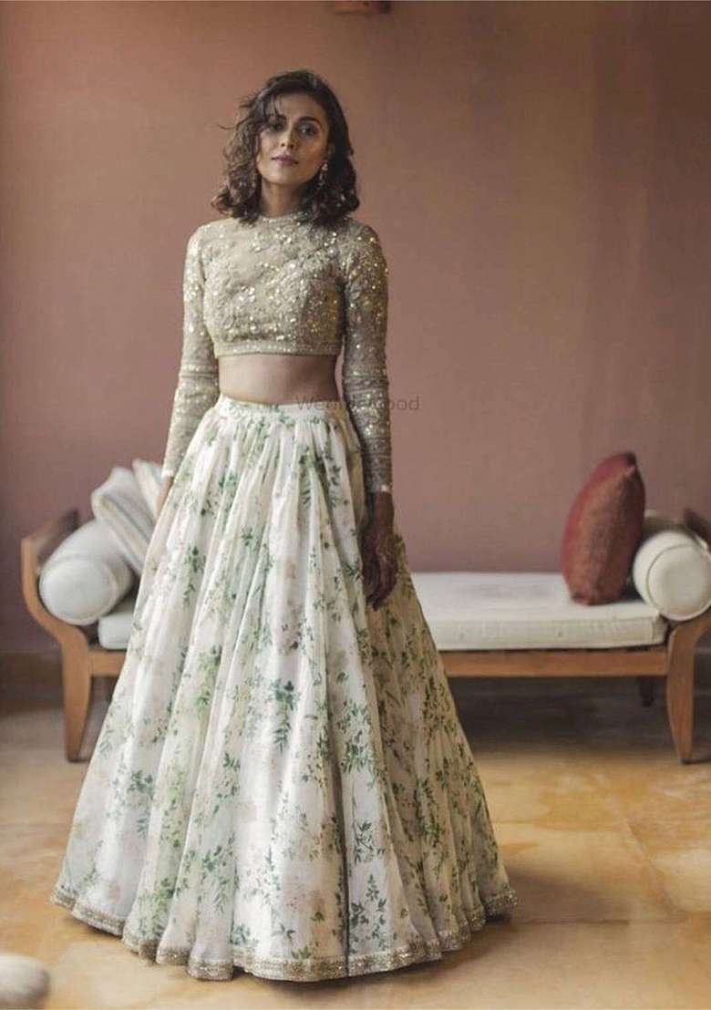 White Floral Print Organza Lehenga Set - Indya