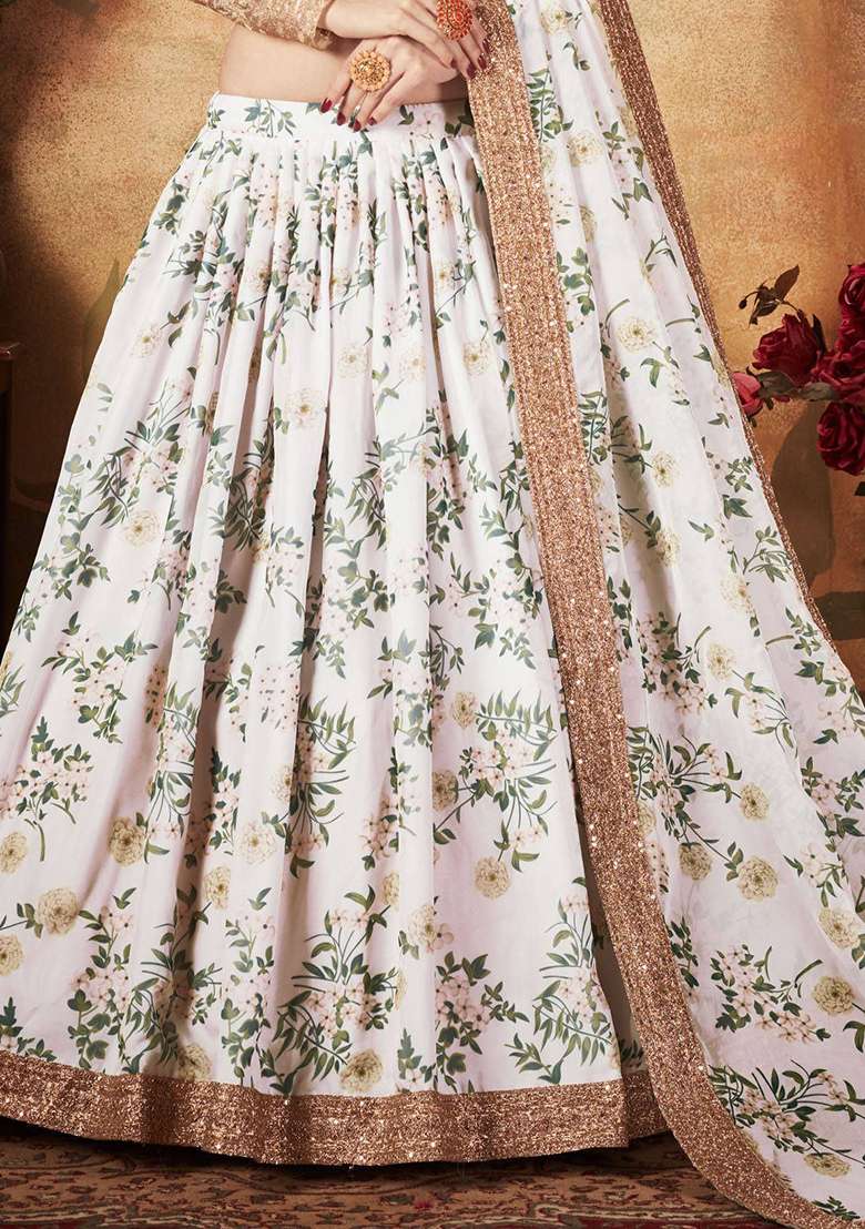 White Floral Print Organza Lehenga Set - Indya