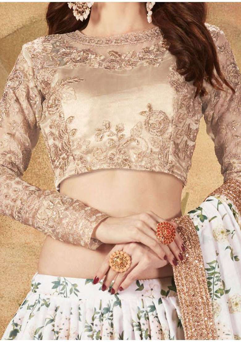 White Floral Print Organza Lehenga Set - Indya