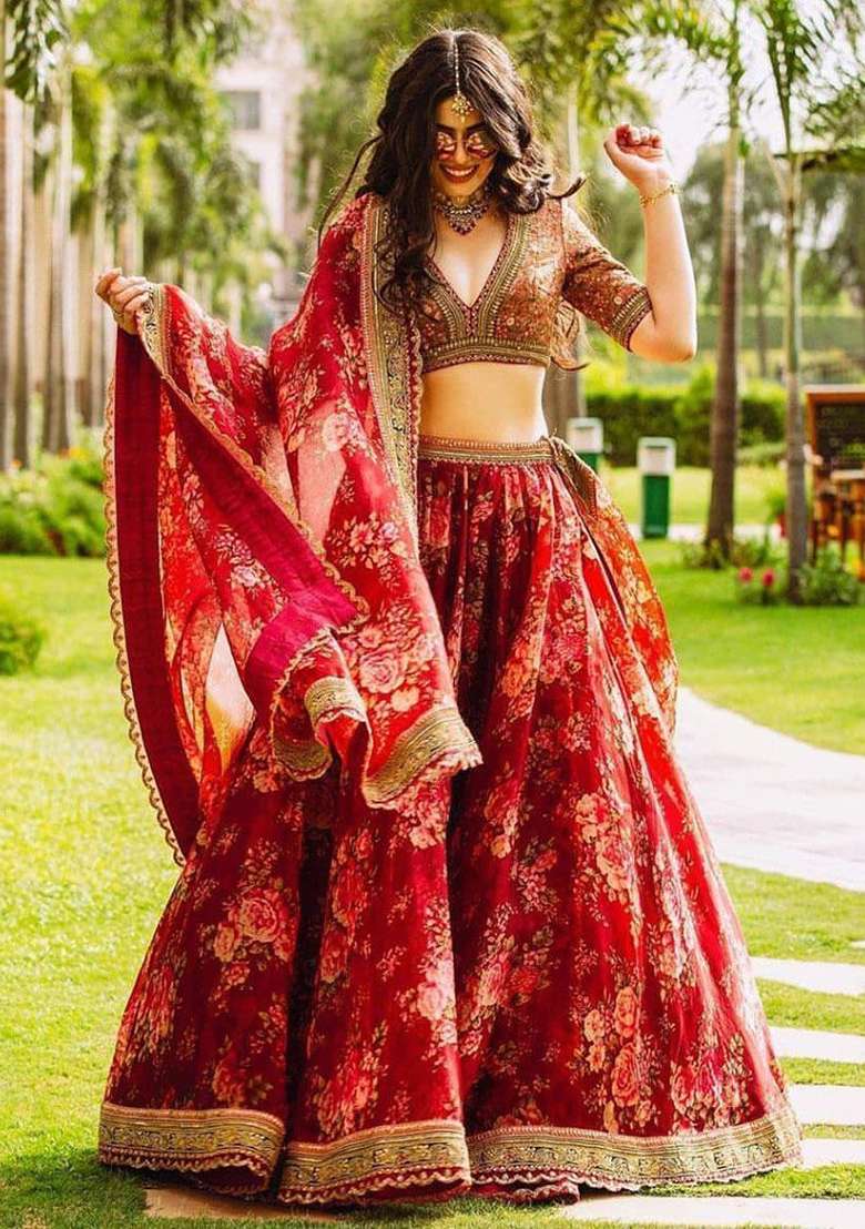 Maroon Floral Print Organza Lehenga Set - Indya