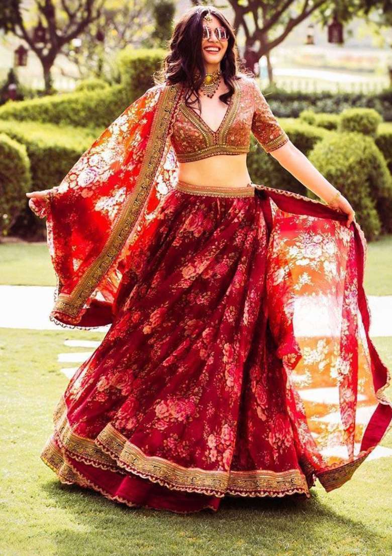 Maroon Floral Print Organza Lehenga Set - Indya