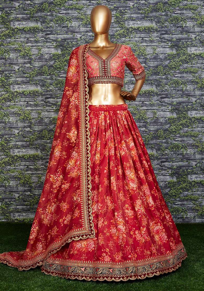 Maroon Floral Print Organza Lehenga Set - Indya