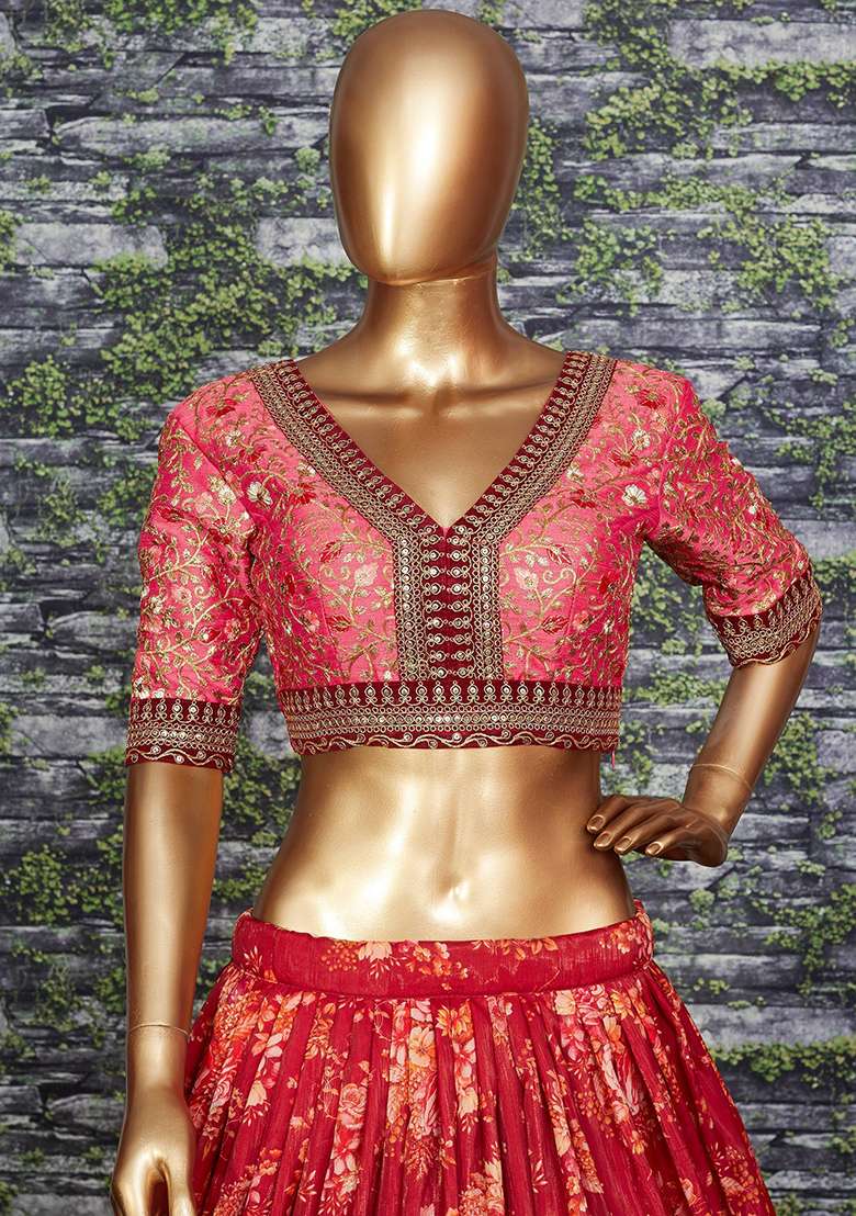 Maroon Floral Print Organza Lehenga Set - Indya