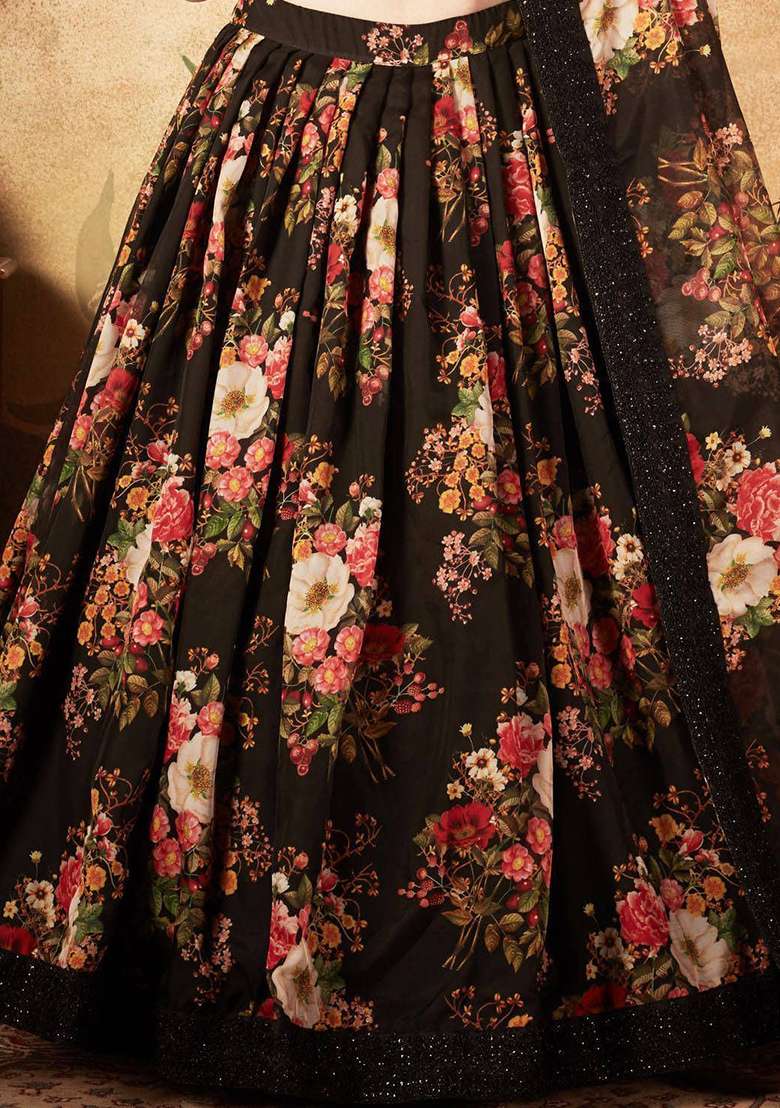 Black Sequin Embroidered Organza Lehenga Set - Indya