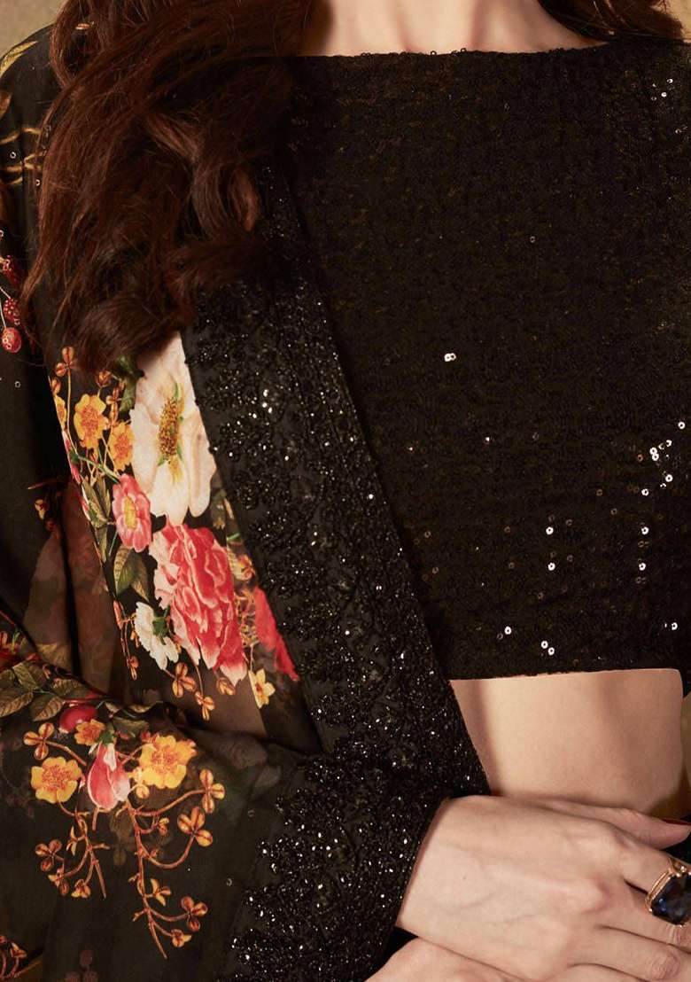 Black Sequin Embroidered Organza Lehenga Set - Indya