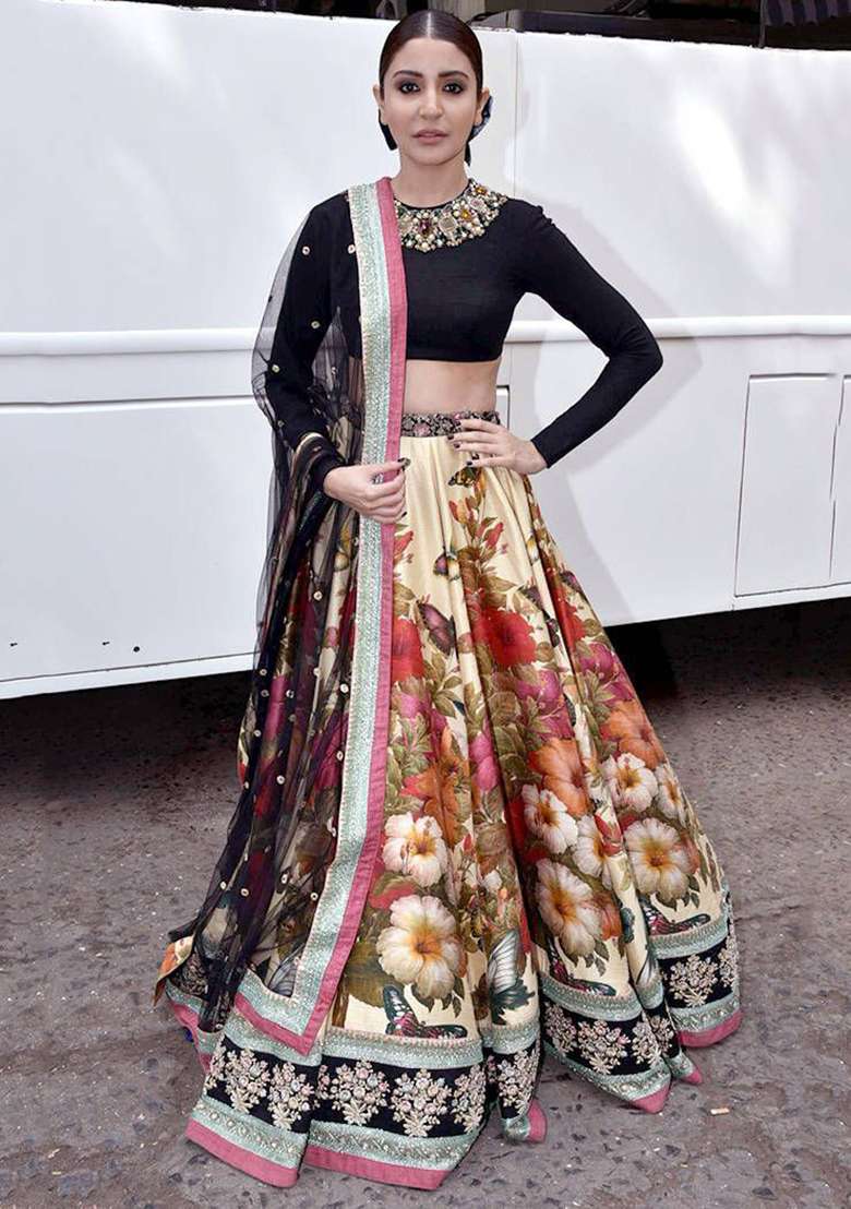 Multicolor Floral Print Silk Lehenga Set - Indya