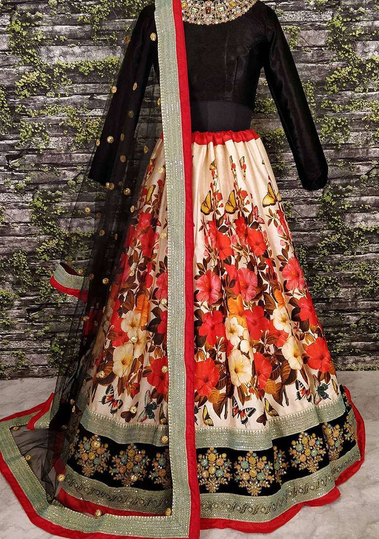 Multicolor Floral Print Silk Lehenga Set - Indya