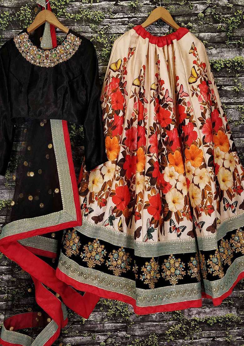 Multicolor Floral Print Silk Lehenga Set - Indya