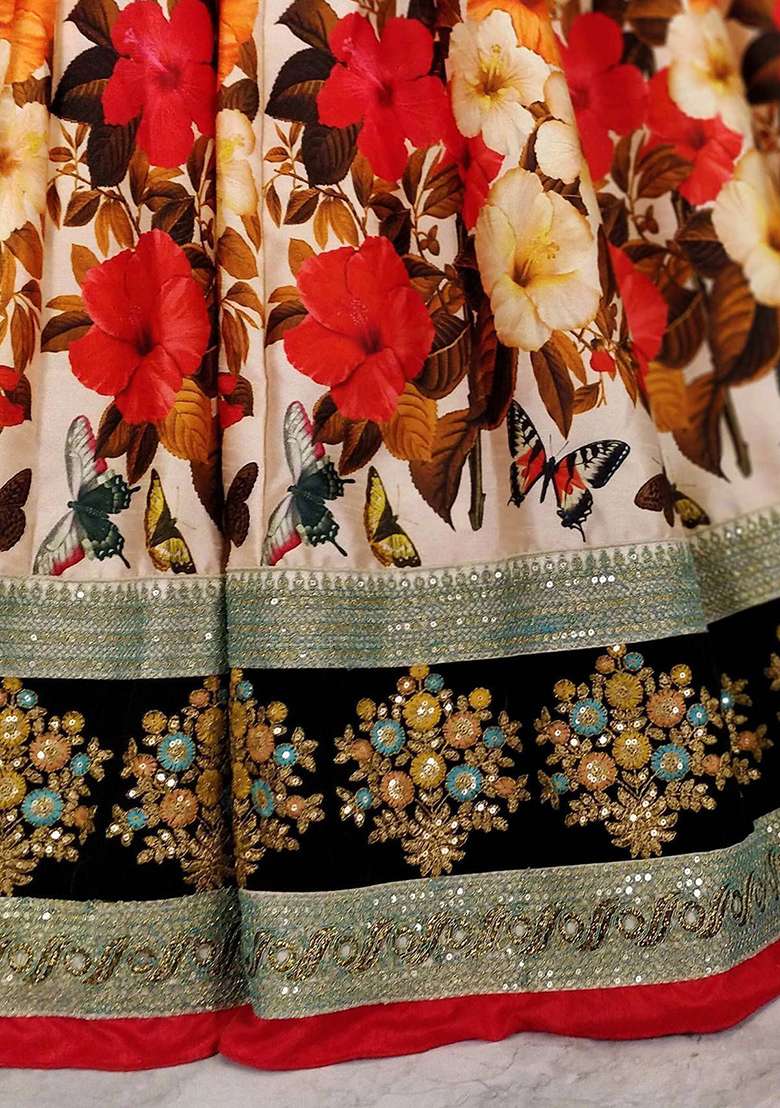 Multicolor Floral Print Silk Lehenga Set - Indya