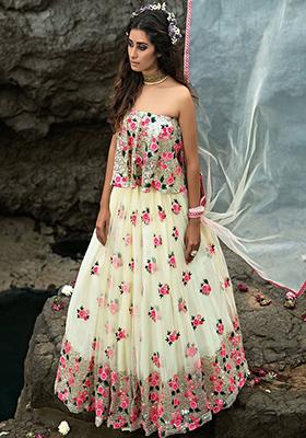 Off White Embroidered Net Lehenga Set