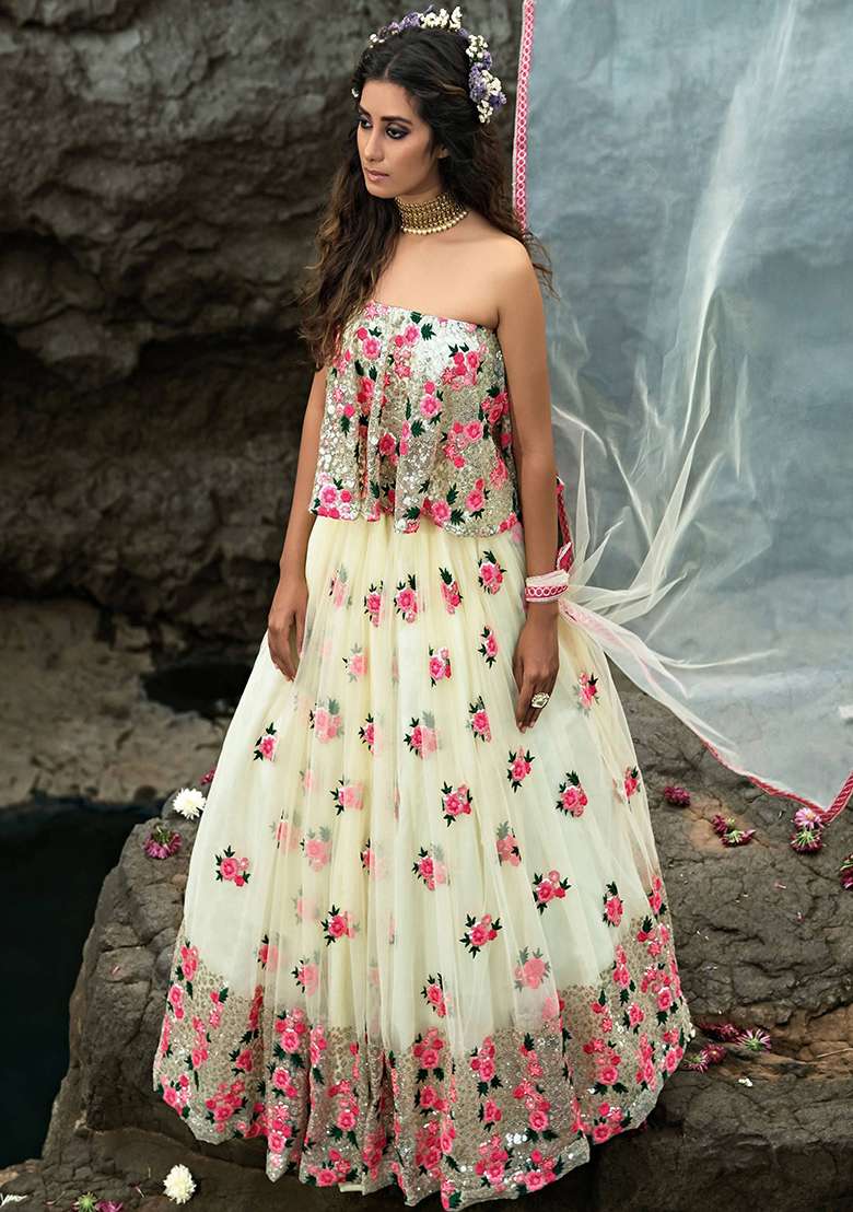 Off White Embroidered Net Lehenga Set - Indya