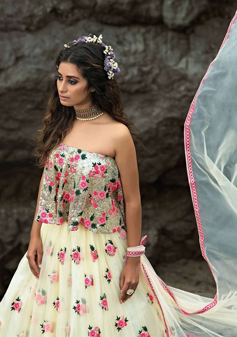 Off White Embroidered Net Lehenga Set - Indya