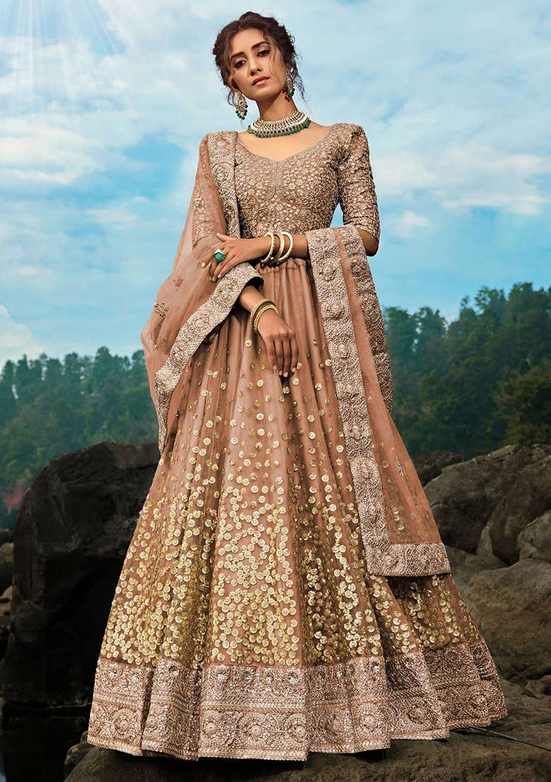 Brown Zari Work Net Lehenga Set - Indya