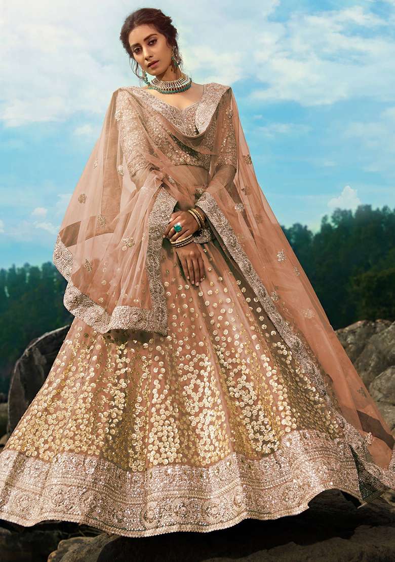 Brown Zari Work Net Lehenga Set - Indya
