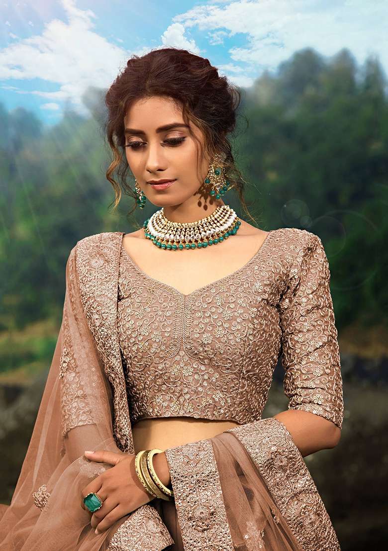 Brown Zari Work Net Lehenga Set - Indya