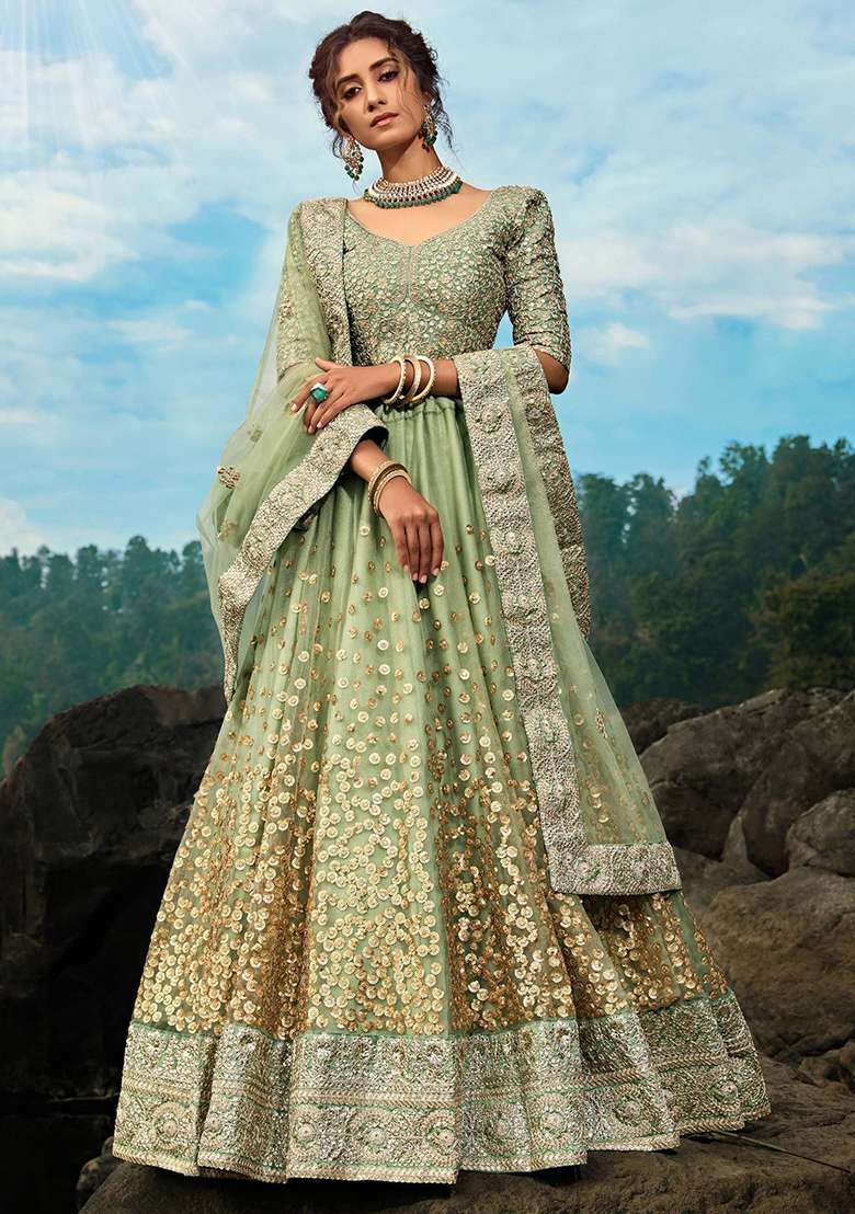 Green Zari Work Net Lehenga Set - Indya