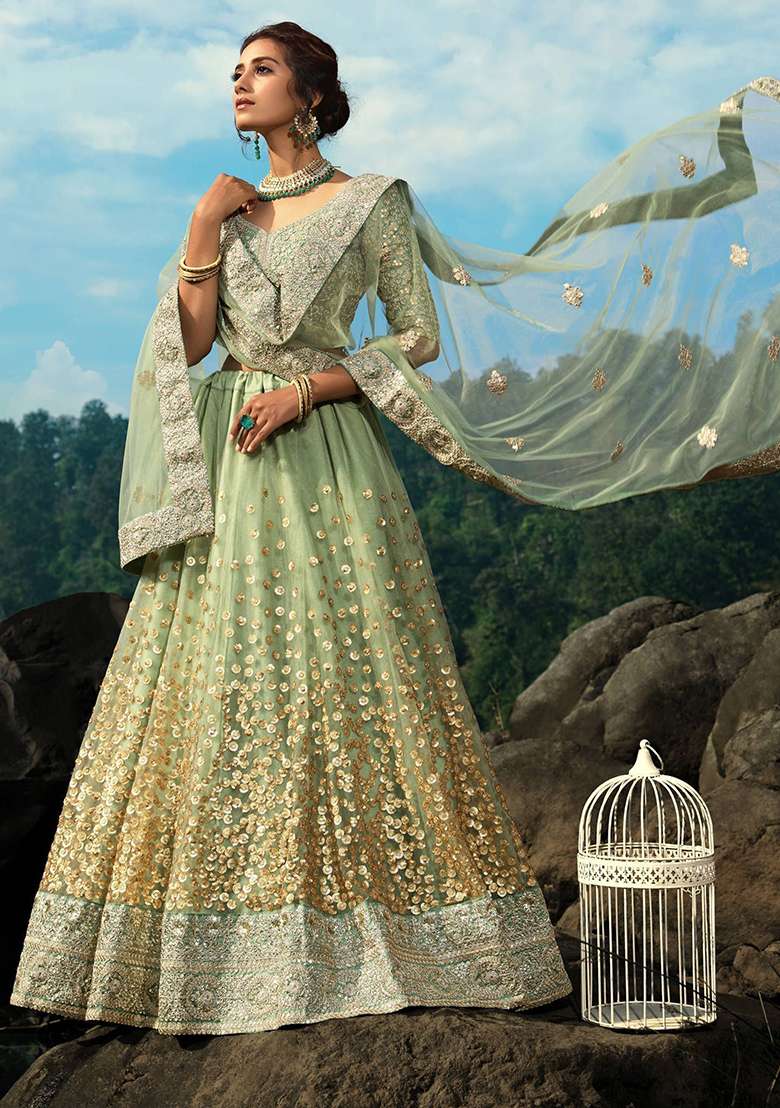 Green Zari Work Net Lehenga Set - Indya