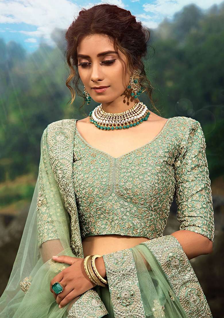 Green Zari Work Net Lehenga Set - Indya