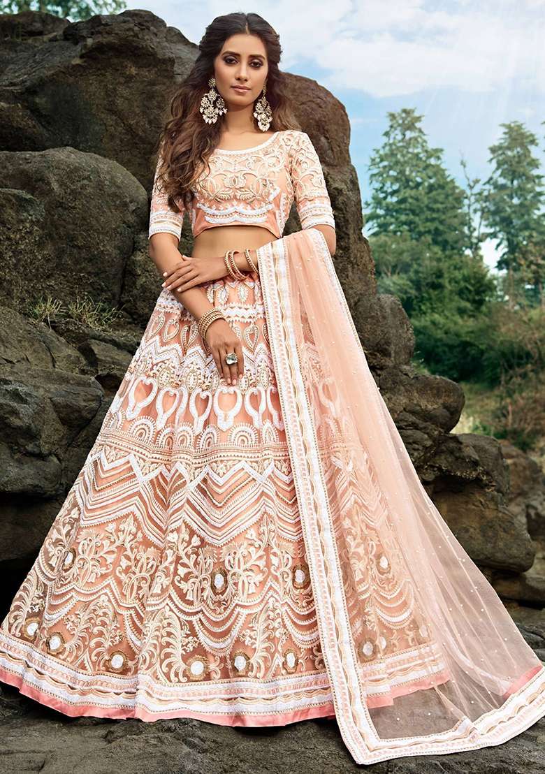 Peach Zari Work Net Lehenga Set - Indya
