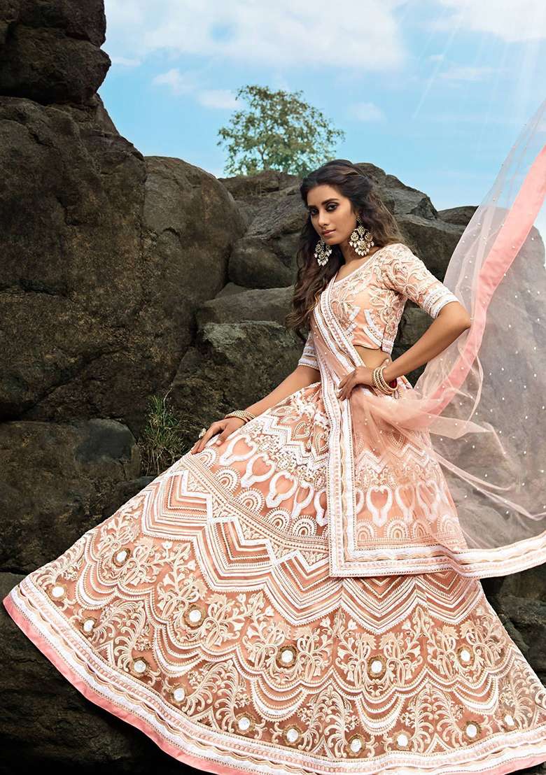 Peach Zari Work Net Lehenga Set - Indya