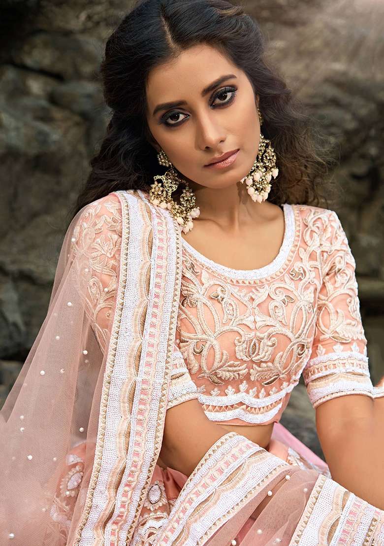 Peach Zari Work Net Lehenga Set - Indya