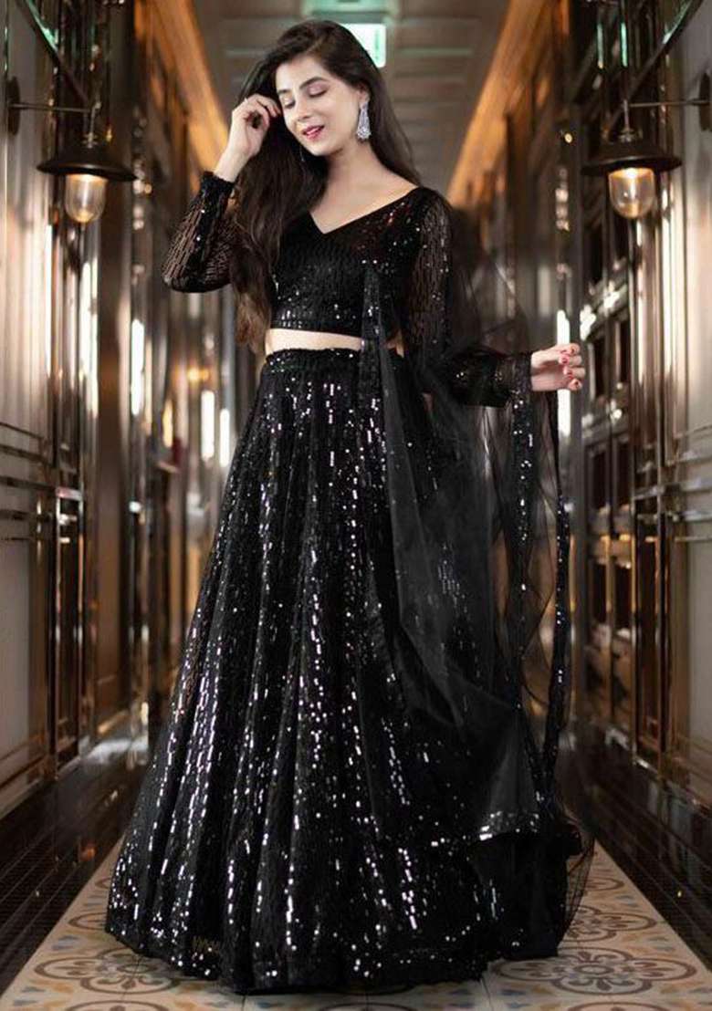 Black Sequin Embroidered Net Lehenga Set - Indya