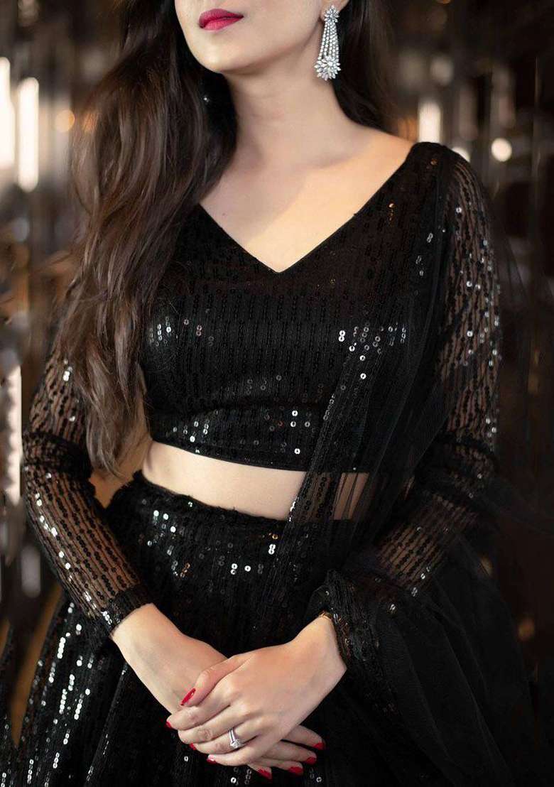 Black Sequin Embroidered Net Lehenga Set - Indya