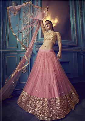 Pink And Beige Sequin Embroidered Net Lehenga Set
