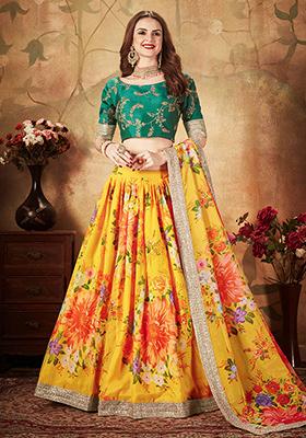 Yellow And Green Digital Print Organza Lehenga Set