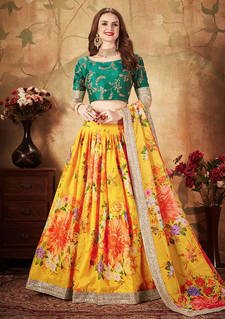 Yellow And Green Digital Print Organza Lehenga Set - Indya