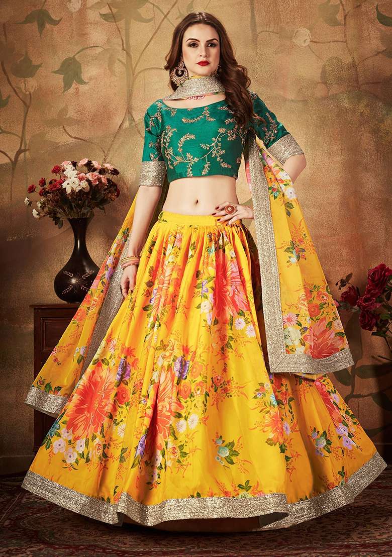 Yellow And Green Digital Print Organza Lehenga Set - Indya