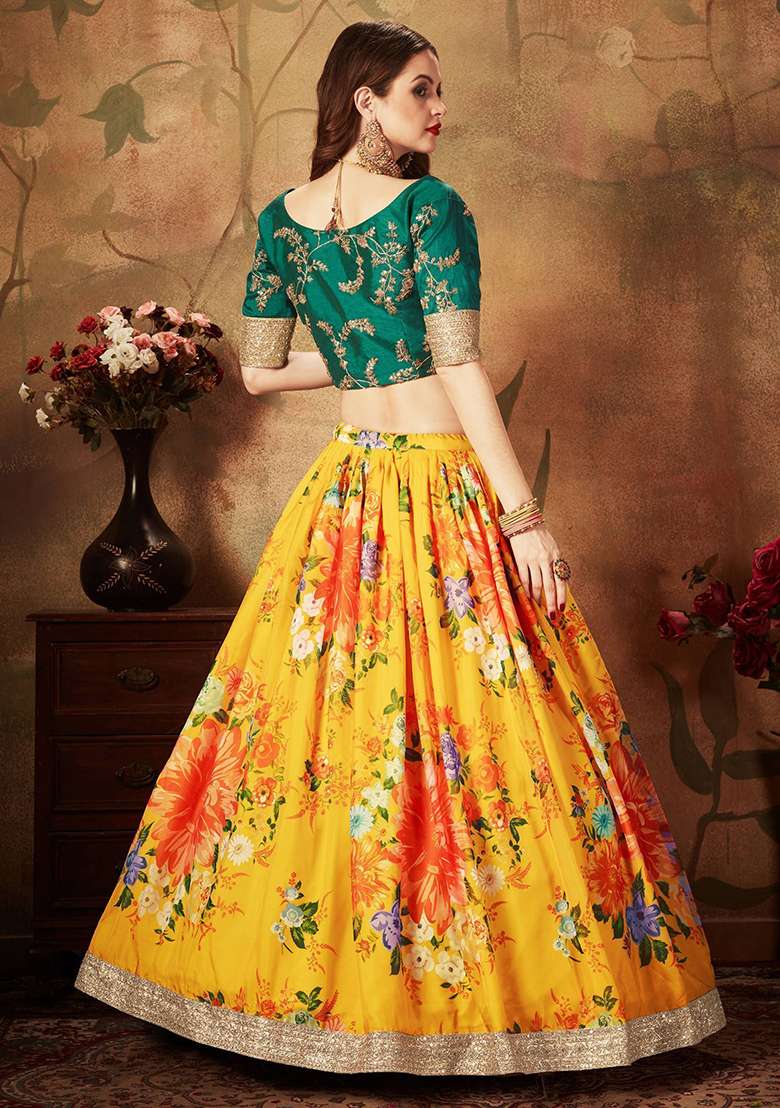 Yellow And Green Digital Print Organza Lehenga Set - Indya