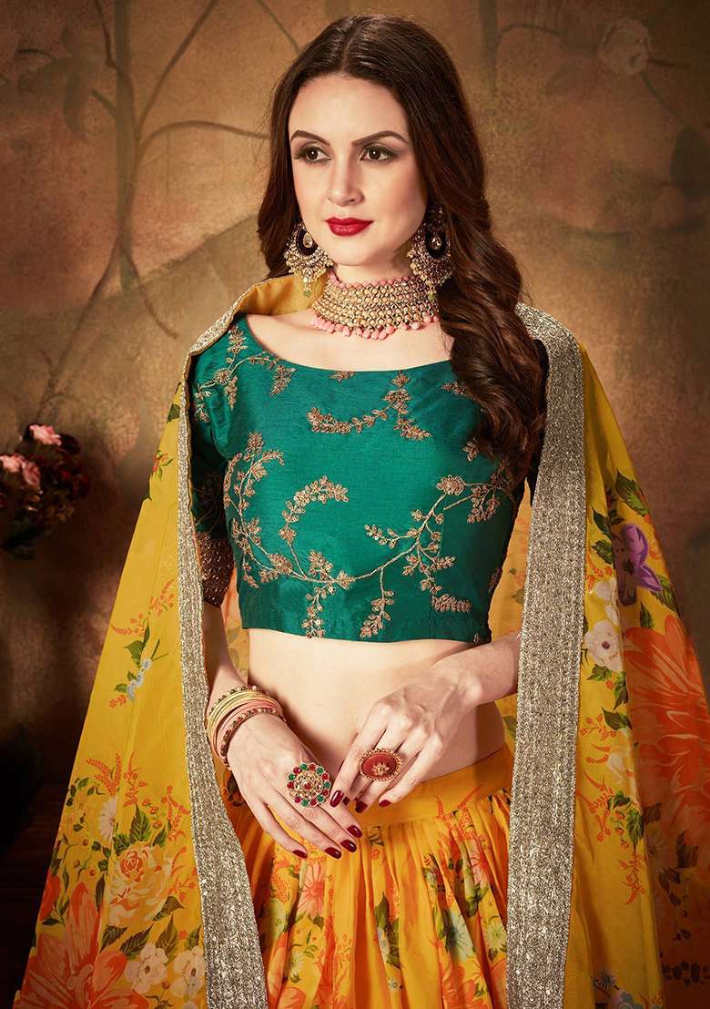 Yellow And Green Digital Print Organza Lehenga Set - Indya