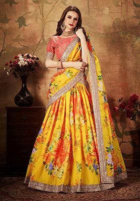 Yellow And Peach Digital Print Organza Lehenga Set