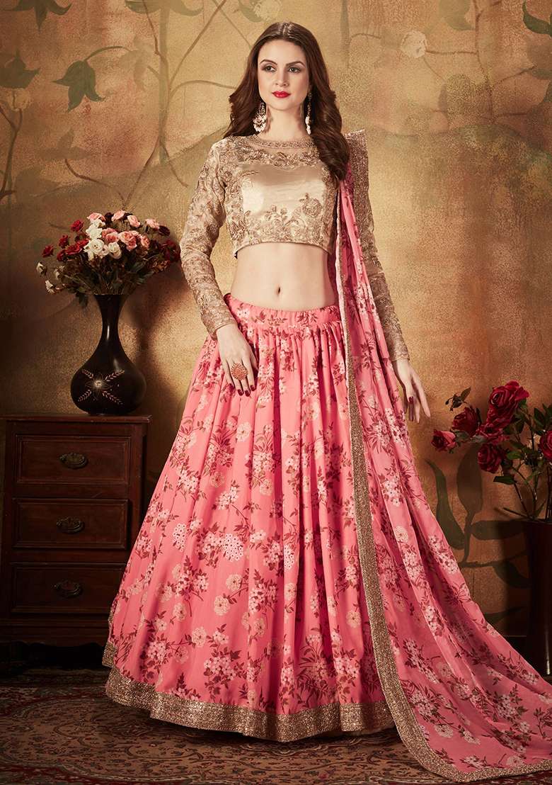 Pink Digital Print Organza Lehenga Set - Indya