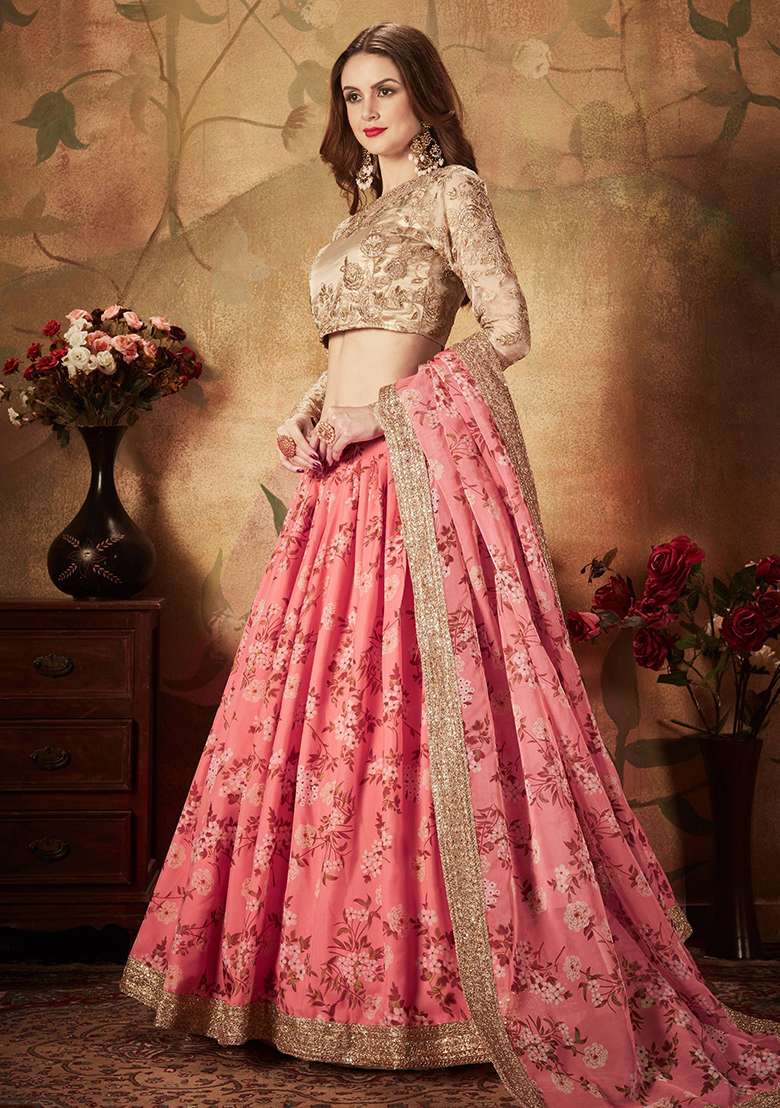 Pink Digital Print Organza Lehenga Set - Indya
