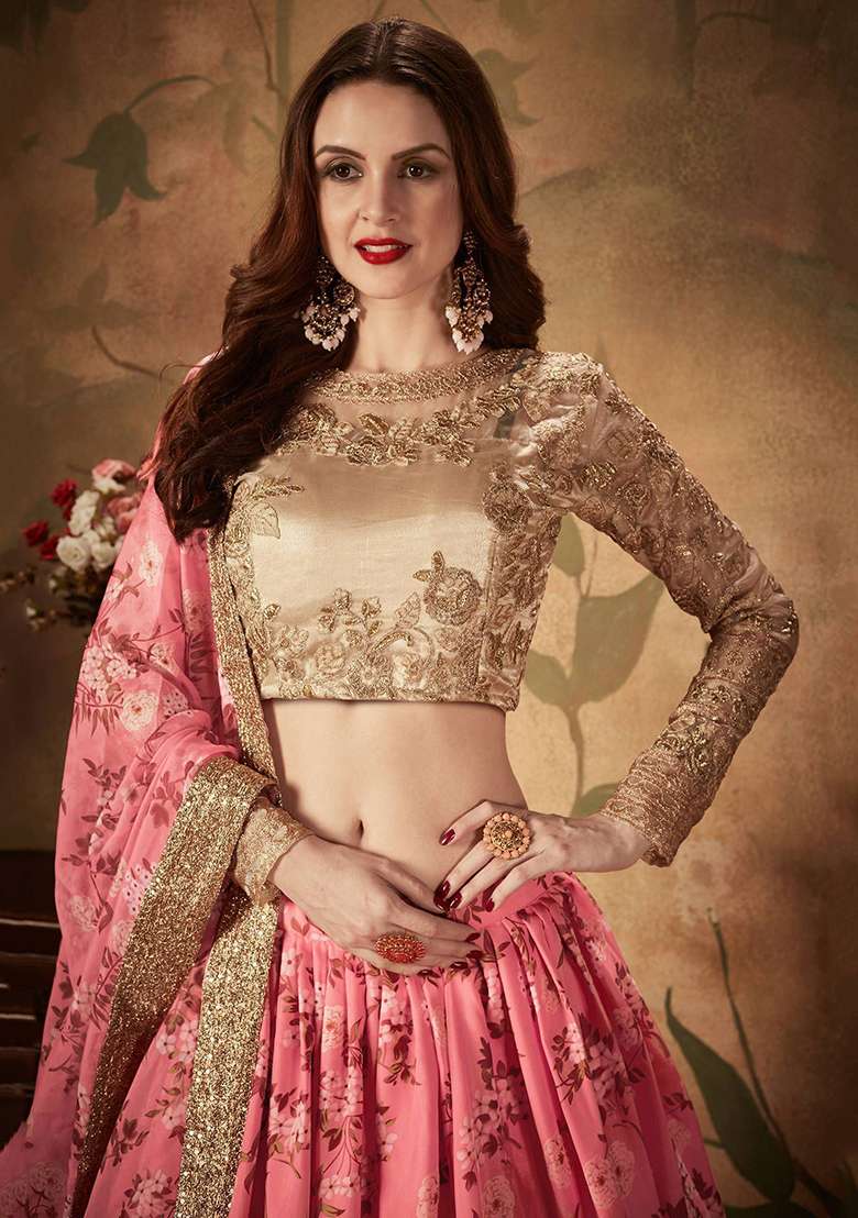 Pink Digital Print Organza Lehenga Set - Indya