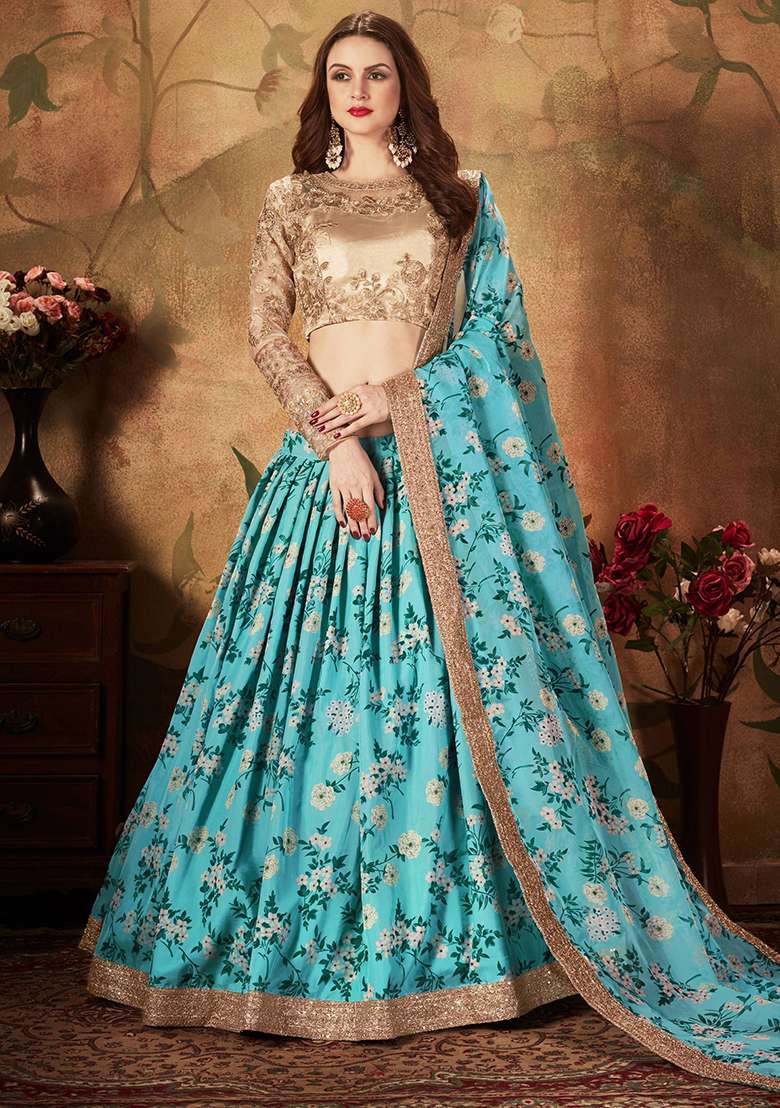 Sky Blue Digital Print Organza Lehenga Set - Indya