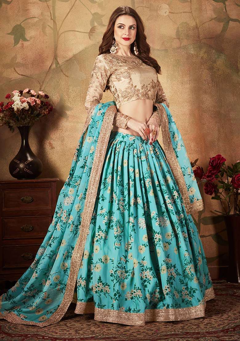 Sky Blue Digital Print Organza Lehenga Set - Indya