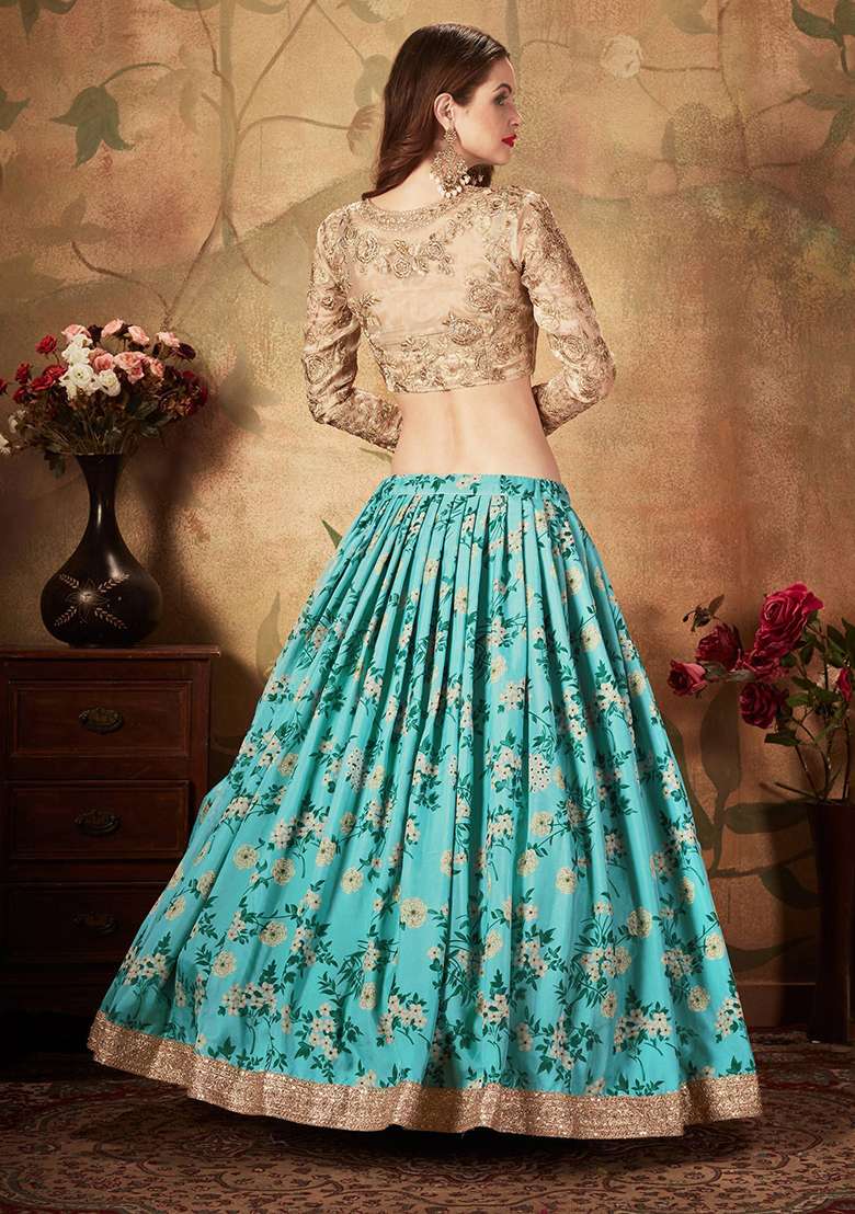 Sky Blue Digital Print Organza Lehenga Set - Indya