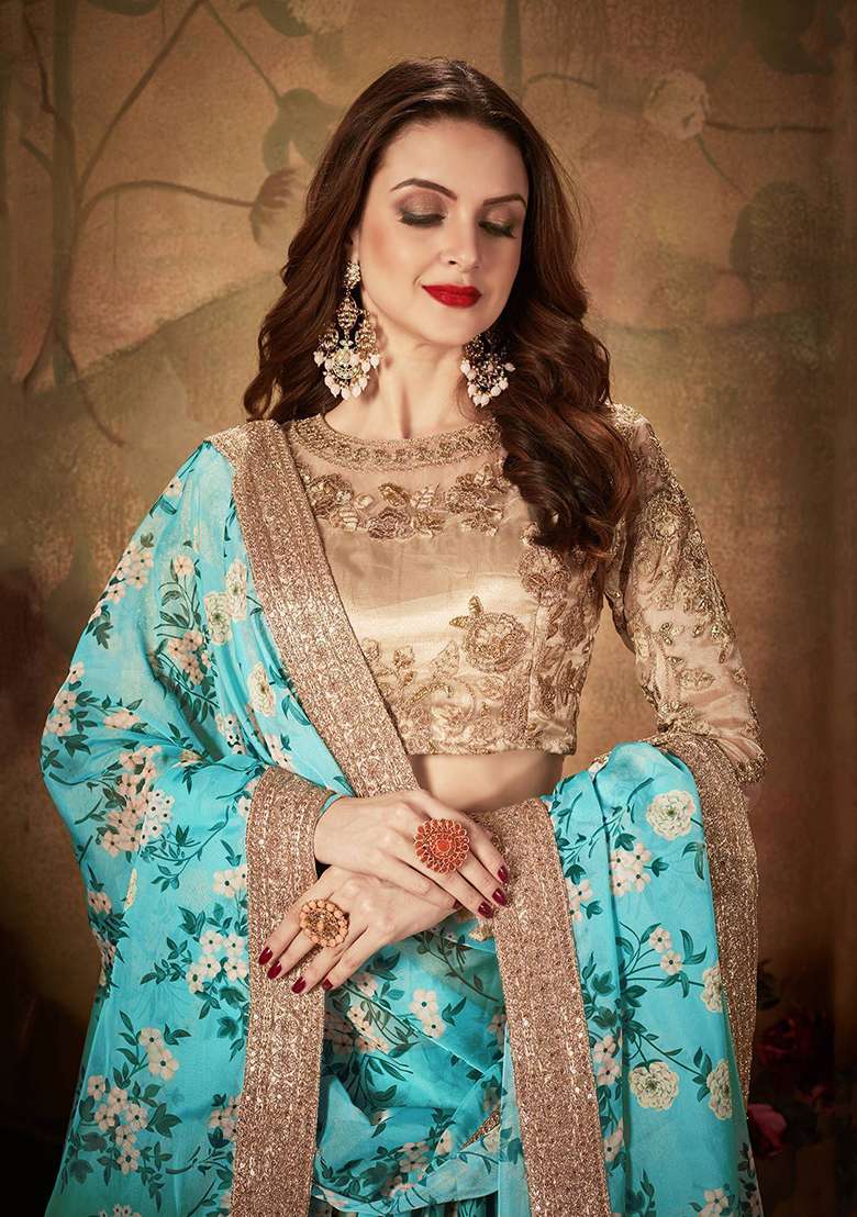 Sky Blue Digital Print Organza Lehenga Set - Indya