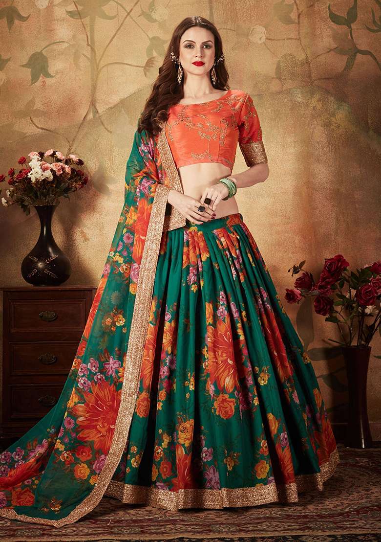 Green Digital Print Organza Lehenga Set - Indya