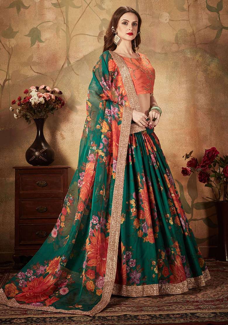 Green Digital Print Organza Lehenga Set - Indya