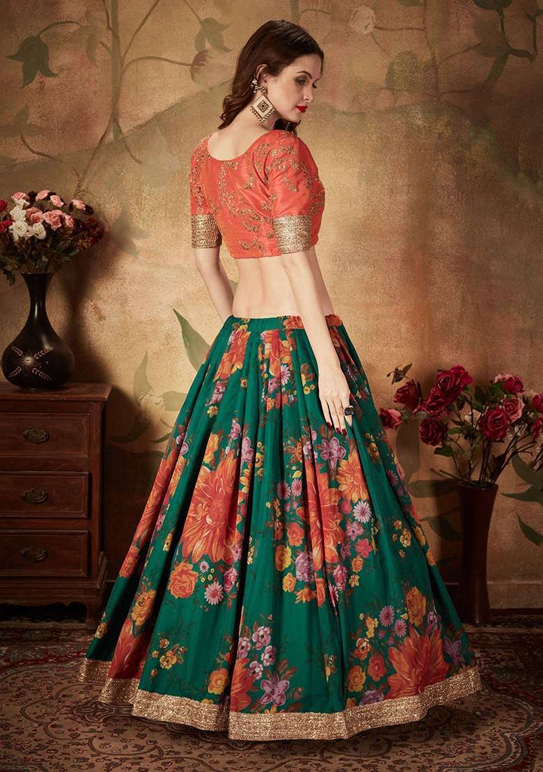 Green Digital Print Organza Lehenga Set - Indya